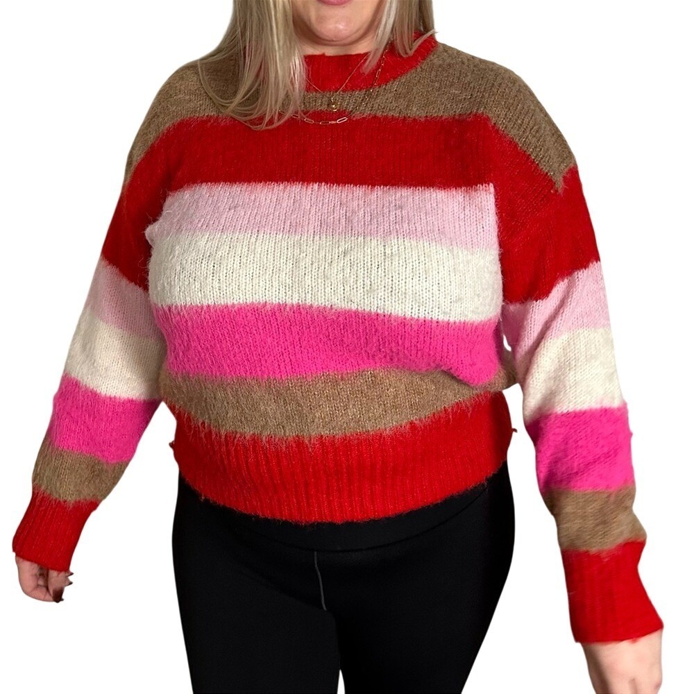 3/$20💥 A New‎ Day Striped Fuzzy Sweater Pull Over Red Pink Valentines Day XL